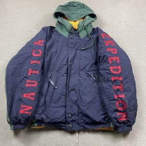 Vintage Nautica Jacket Mens Small Expedition Full Zip Reversible Duck Down Blue